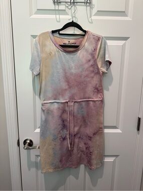 Wallflower Pastel Tie-Dye Drawstring Tee Dress in Pink, Purple, Blue, Cream—M